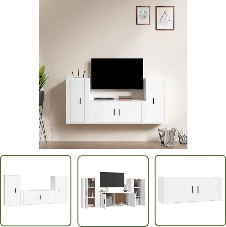 The Living Store 3-delige Tv-meubelset bewerkt hout wit Tv Kast Houten Tv Kast Wandmontage Tv Kast Wit Tv Kast Living Room Furniture - Foto 2
