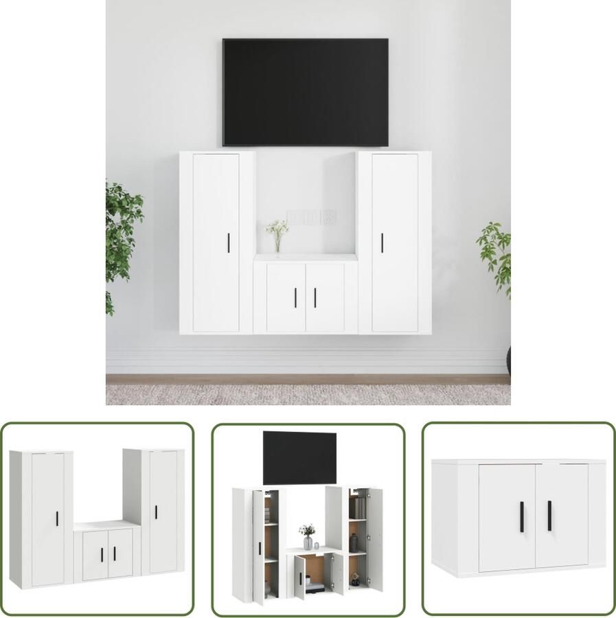 The Living Store TV-kastenset Bewerkt hout 2x 100 cm 1x 57 cm Wit TV Kasten Houten TV Kast Wit TV Meubel Salon Meubilair Opbergkast - Foto 2