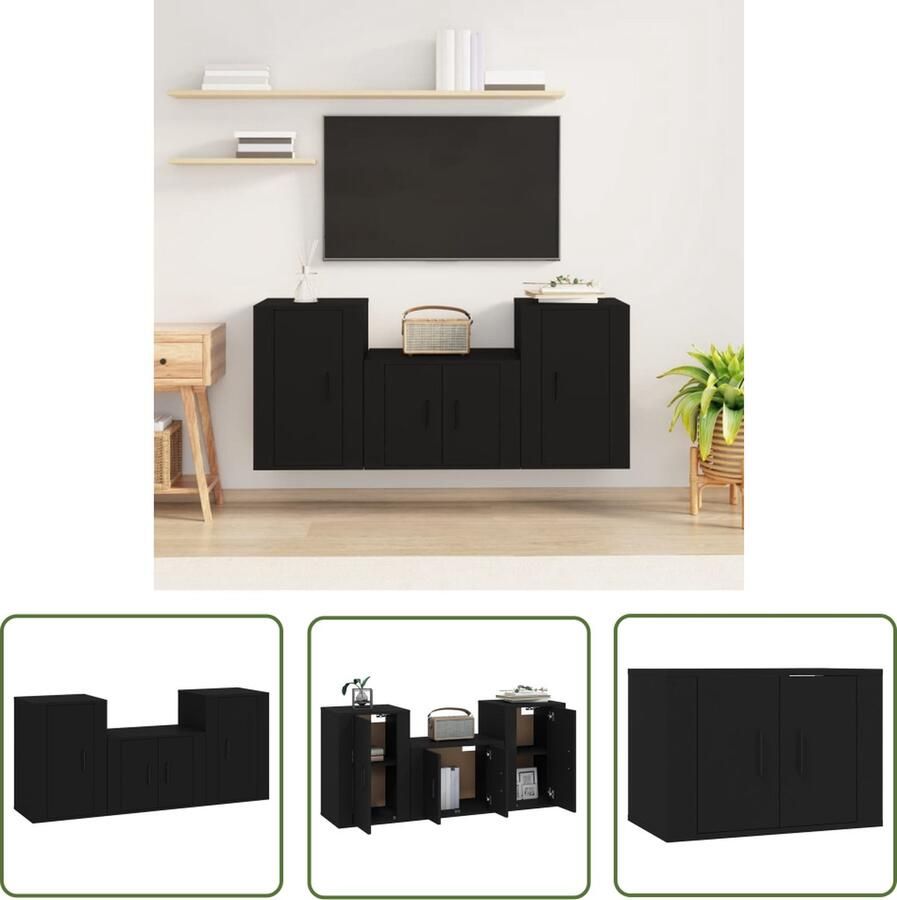The Living Store 3-delige Tv-meubelset bewerkt hout zwart Klassieke Tv Kast Tv Meubel Houten Tv Kast Zwarte Tv Kast Wandmontage Tv Kast - Foto 2