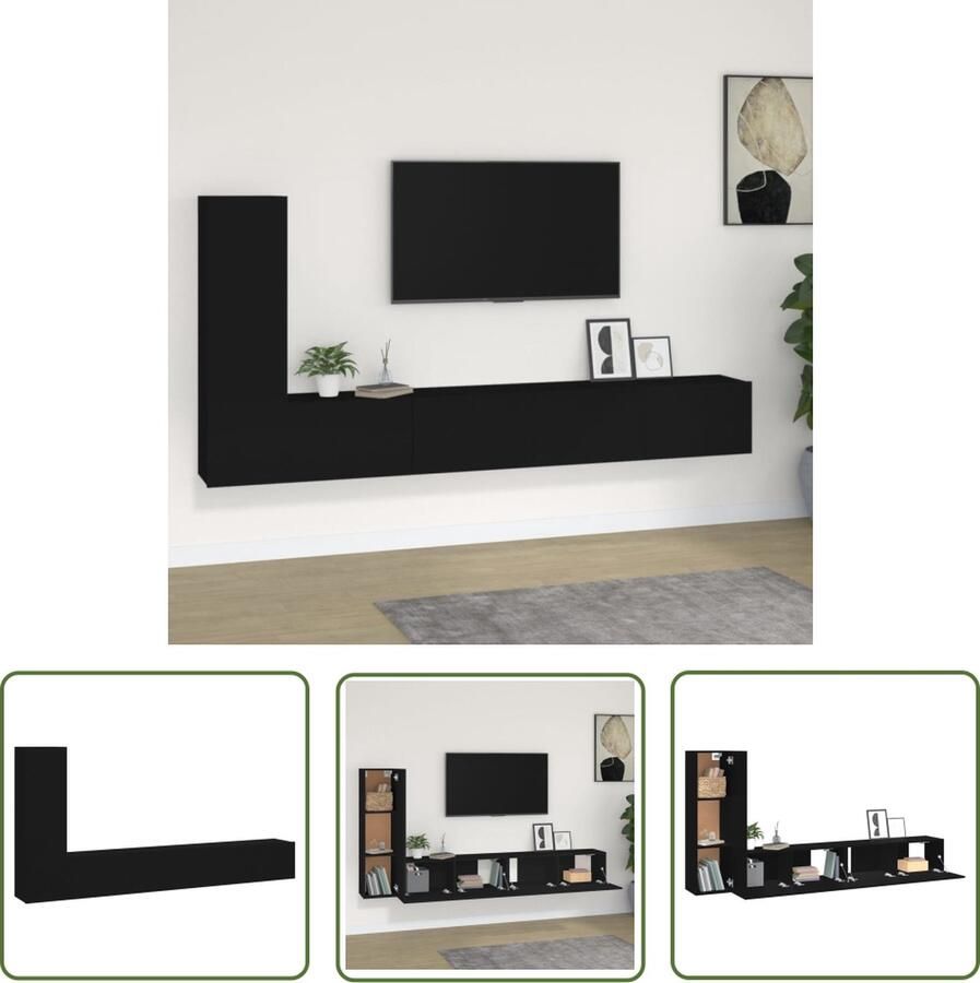 The Living Store Televisiemeubelset Zwart 100 x 30 x 30 cm 30.5 x 30 x 110 cm Trendy en praktisch Televisiescherm Tv Meubilair Salontafel Houten Tv Kast Wandmontage - Foto 2