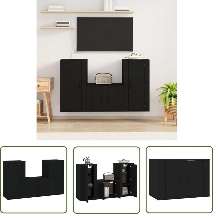 The Living Store 3-delige Tv-meubelset bewerkt hout zwart TV Kast Tv Meubilair Houten Tv Kast Zwart Tv Meubel Salontafel - Foto 2