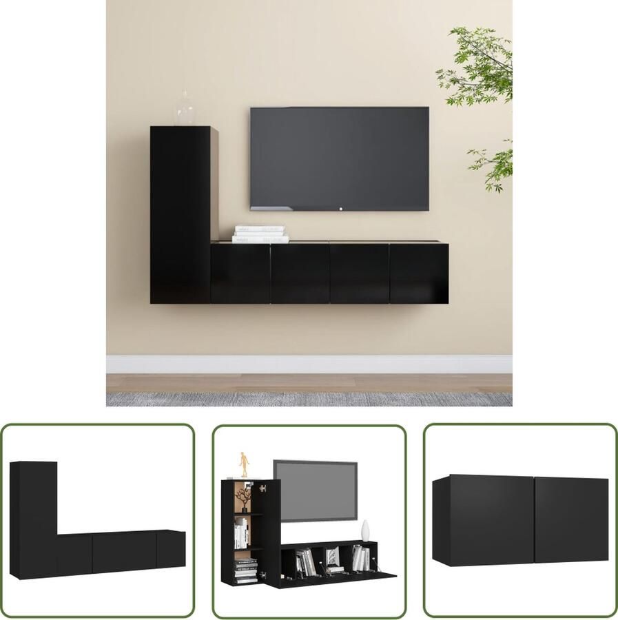 The Living Store Televisiemeubelset Zwart wandmontage praktisch en opvallend overzichtelijk en ruimtebesparend eenvoudig schoon te maken spaanplaat montagereq 1x30.5x30x90cm (BxDxH) 2x60x30x30cm (BxDxH) - Foto 2