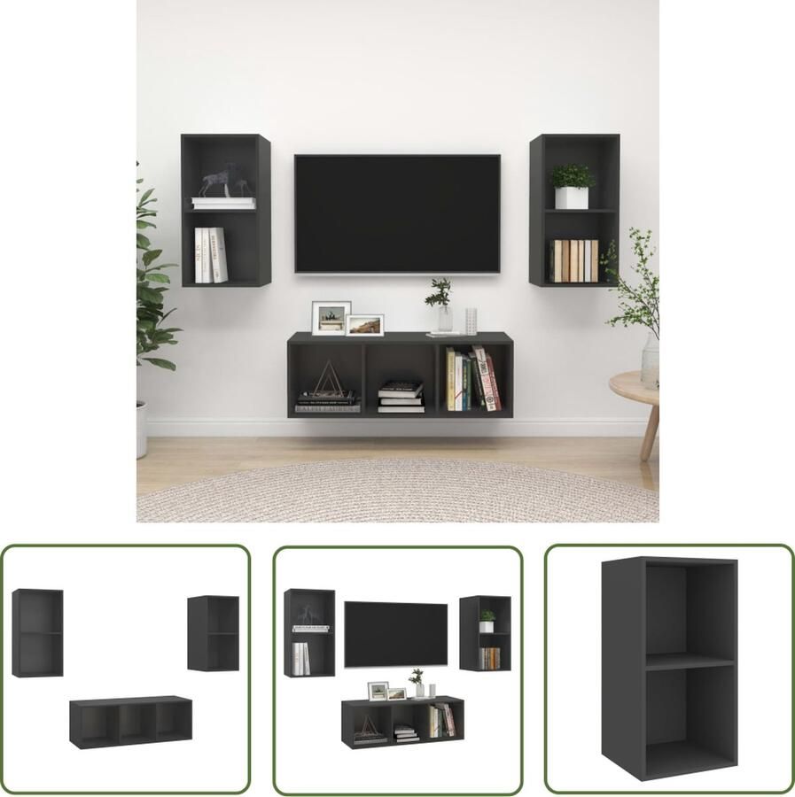 The Living Store TV-meubelset grijs spaanplaat 3-delig 37 x 37 x 72 cm 37 x 37 x 107 cm montage vereist Tv Meubels Tv Kasten Wandmontage Tv Saloninrichting Houten Tv Stand - Foto 2