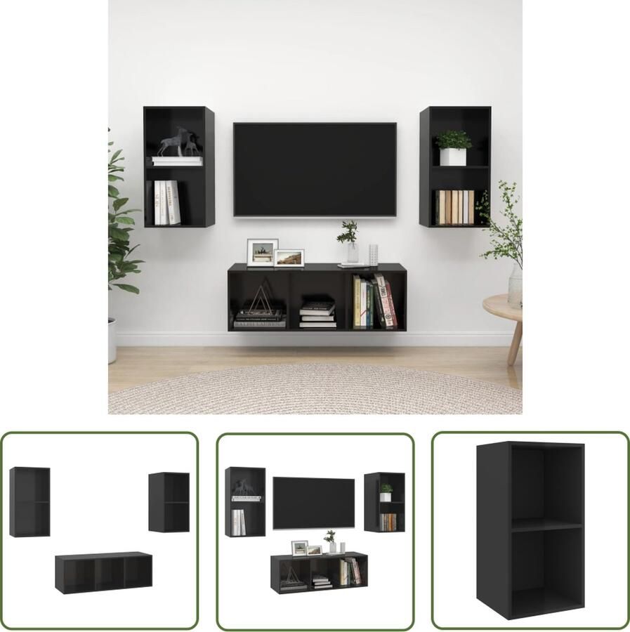 The Living Store Televisiewandmeubelset Black 3-delig- 37 x 37 x 72 cm 107 cm Muurbevestiging Hoogglans zwart Televisiescherm Tv Meubilair Wandmontage Salontafel Livingroom Decor - Foto 2