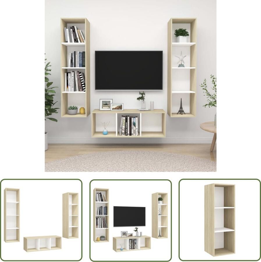 The Living Store Televisiewandmeubelset Kleur- wit en sonoma eiken Materiaal- spaanplaat 37 x 37 x 107 cm 37 x 37 x 142.5 cm Ken- wandbevestiging Televisiescherm Tv-meubel Salontafel Woonkamerinrichting Tv-standaard - Foto 2