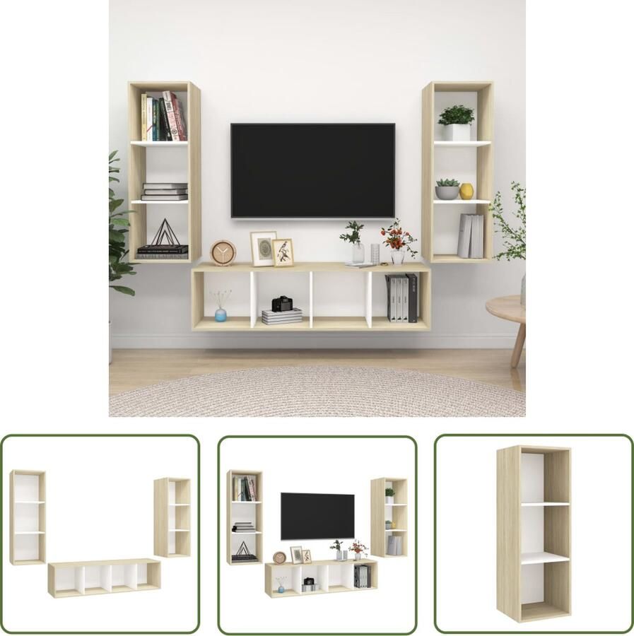 The Living Store 3-delige Tv-meubelset spaanplaat wit en sonoma eikenkleurig Tv-meubel Wandmontage Salontafel Livingroomdecoratie Houten Tv-stand - Foto 2