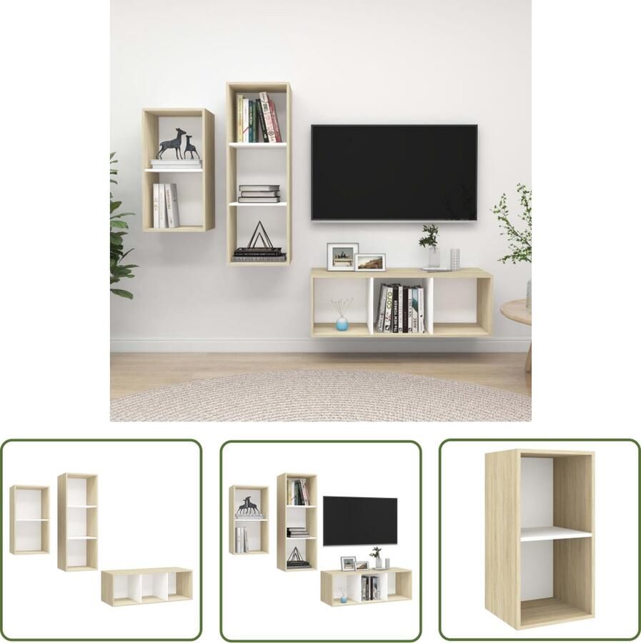 The Living Store Televisie Meubelset TV-Wandmeubel Wit Sonoma Eiken 37 x 37 x 72 cm 37 x 37 x 107 cm Montage vereist Tv-meubel Wandmontage Saloninrichting Houten Tv-stand Media Kast - Foto 2