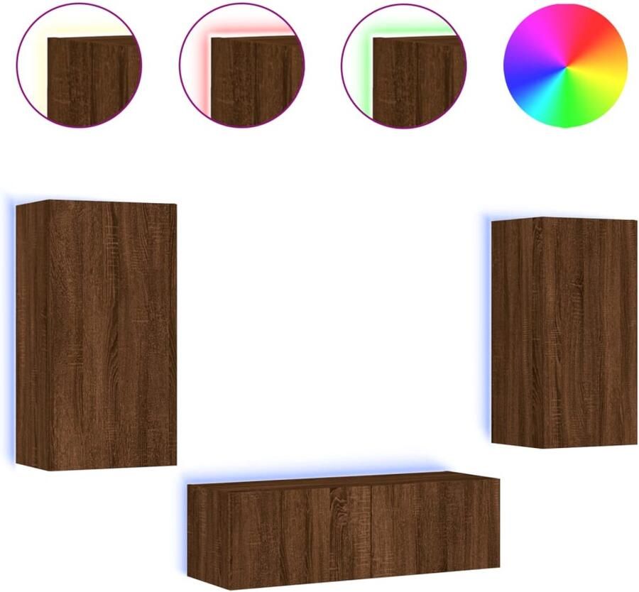 The Living Store 3-delige tv-wandmeubelset met LED-verlichting bruin eikenkleur Tv Meubel Tv Kast Led Verlichting Houten Tv Stand Bruine Eiken - Foto 2