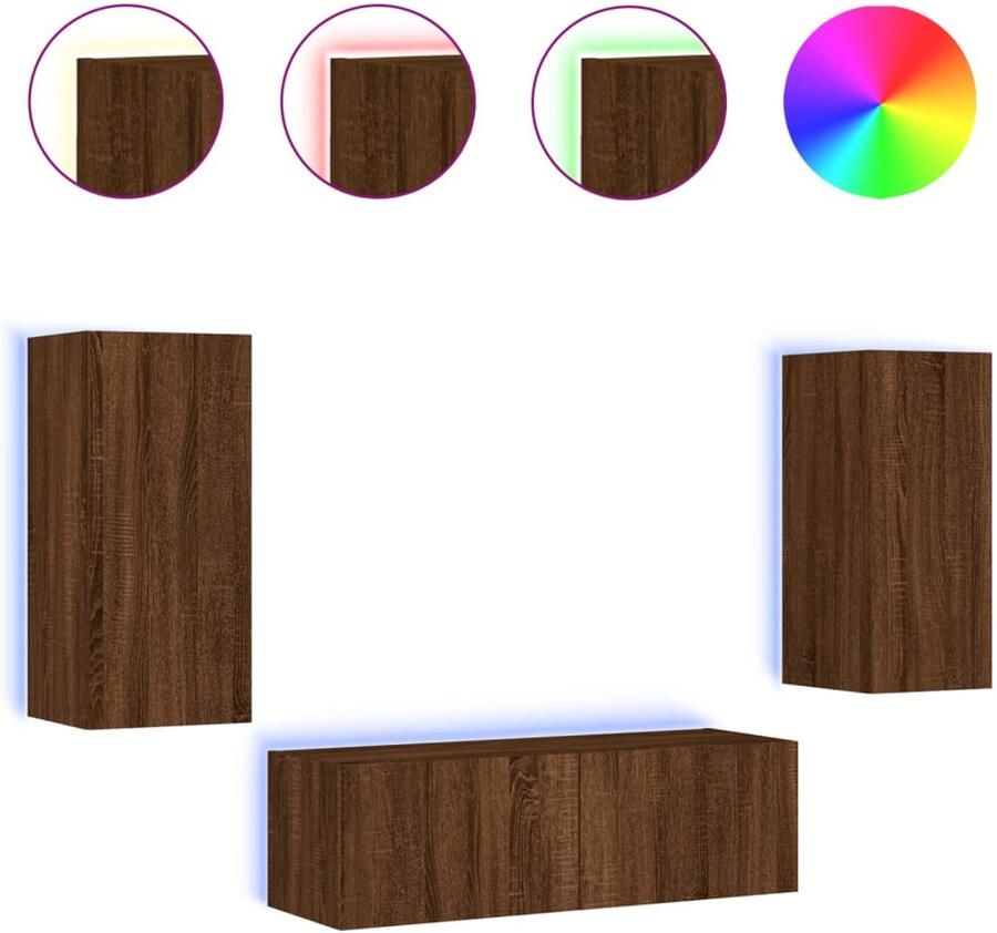 The Living Store 3-delige tv-wandmeubelset met LED-verlichting bruin eikenkleur Tv-kast Tv-meubel Led Verlichting Houten Kast Woonkamerdecoratie - Foto 2