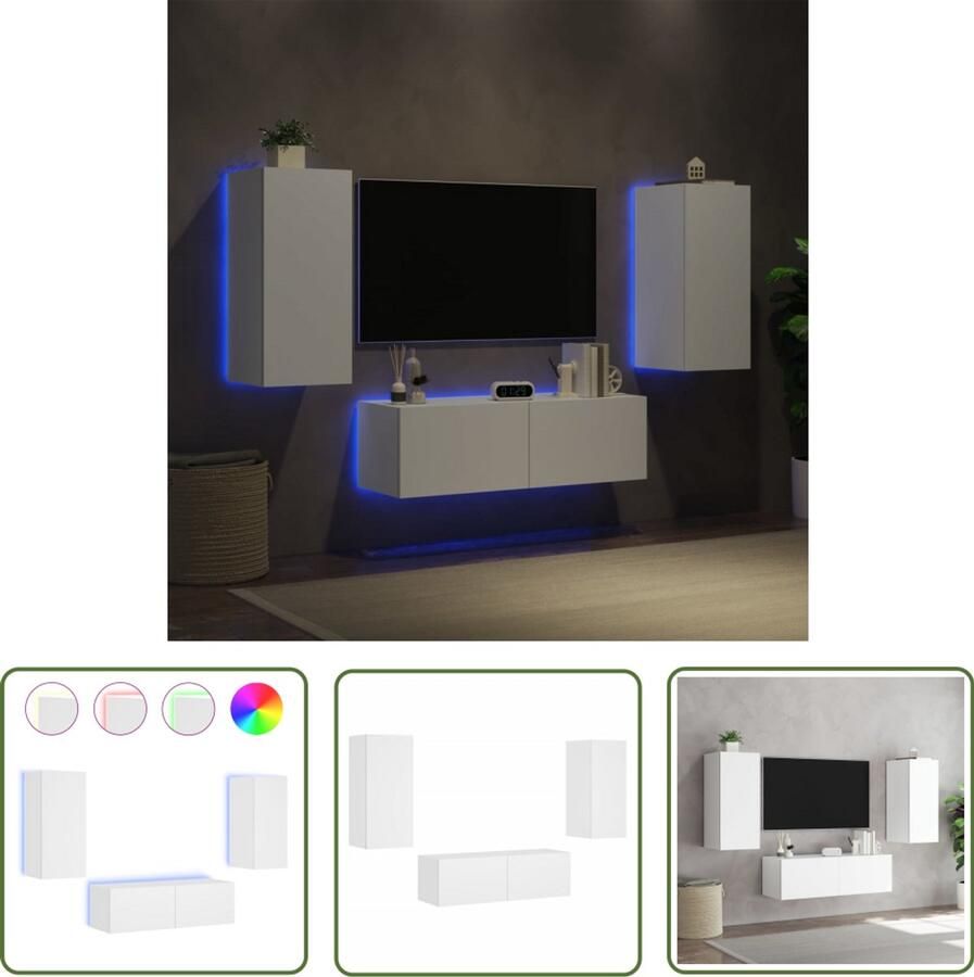 The Living Store 3-delige tv-wandmeubelset met LED-verlichting wit Tv-kast Tv-meubel Led Verlichting Houten Tv-standaard Opbergruimte