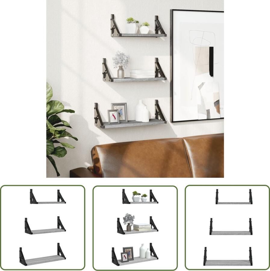 The Living Store 3-delige Wandschappenset bewerkt hout grijs sonoma eikenkleurig Wanddecoratie Wandplanken Houten Wandrek Grijze Meubels Minimalistisch Wonen