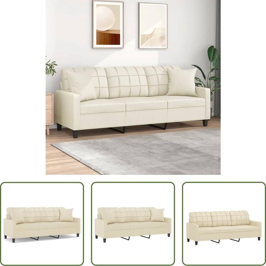 The Living Store Driezitsbank met sierkussens 180 cm kunstleer crèmekleurig Drie Persoons Bank Sofa Crème Lederlook Sofa Bankstellen Lounge Meubels