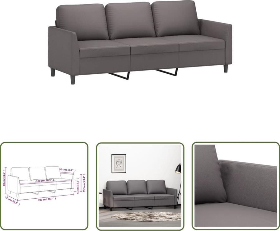 The Living Store 3-zitsbank Kunstleer Grijs 200 x 77 x 80 cm Duurzaam materiaal 3 Zits Bank Kunstleder Bank Grijze Bank Salontafel Banks Kopen - Foto 2