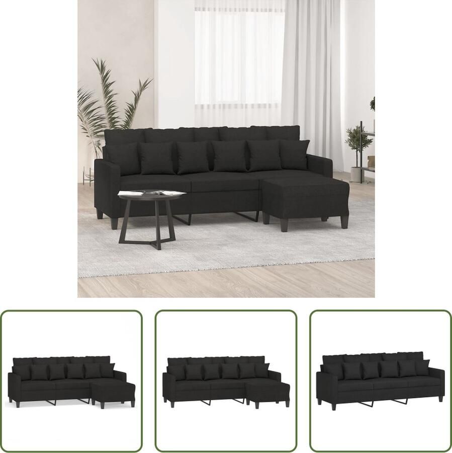 The Living Store Driezitsbank met voetenbank 180 cm stof zwart 3-zitsbank Bankstel Salonmeubel Loungehoek Zwarte Bank - Foto 2