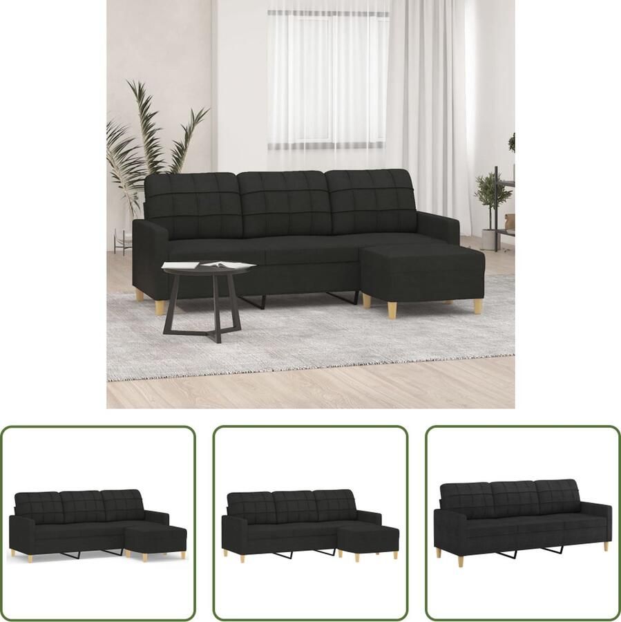 The Living Store Driezitsbank met voetenbank 180 cm stof zwart 3-zitsbank Sofa Loungehoek Zwarte Bank Bankstel - Foto 2