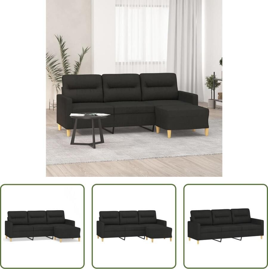 The Living Store Driezitsbank met voetenbank 180 cm stof zwart 3-zitsbank Zwarte Bank Bankstel Salontafel Lounge Meubilair