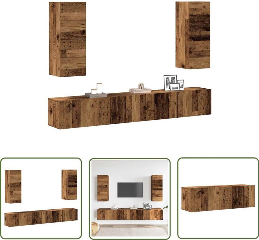 The Living Store vidaXL Houten Tv Kast Tv Kast 4-delig Tv-meubelset wandmontage bewerkt hout oud houtkleurig Wandmontage Tv Kast Salontafel Media Kast