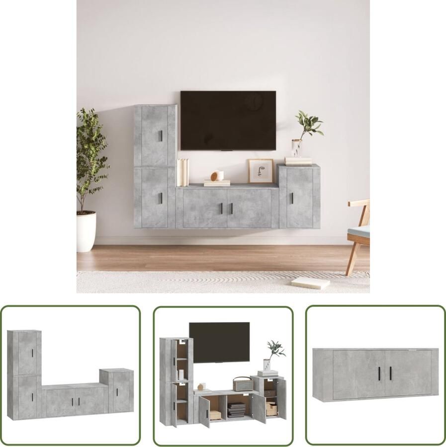 The Living Store 4-delige Tv-meubelset bewerkt hout betongrijs Tv Meubel Houten Tv Kast Grijze Tv Kast Salontafel Media Kast - Foto 2