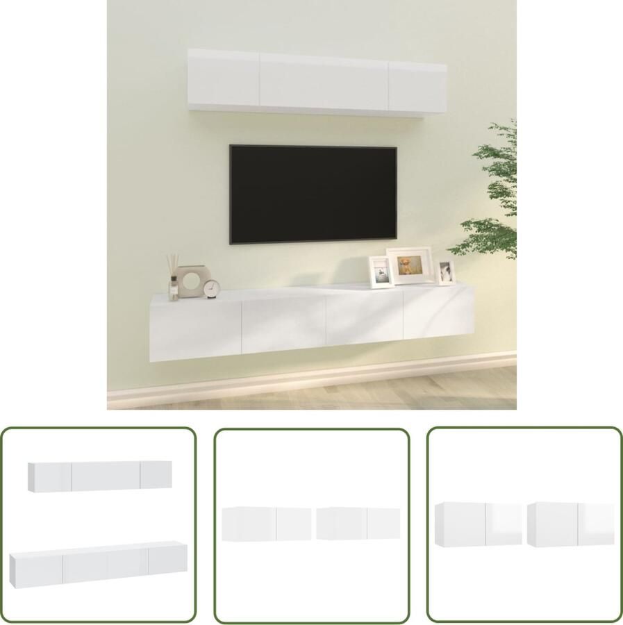 The Living Store Televisiemeubel Klassiek 2x 60x30x30cm en 2x 80x30x30cm Hoogglans wit Tv Kast Televisiesecretaris Wandmontage Houten Tv-meubel Modern Tv-meubel - Foto 2