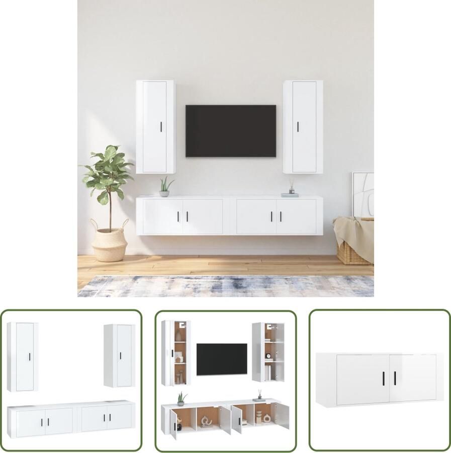The Living Store TV-meubelset Hoogglans wit 40 x 34.5 x 100 cm Bewerkt hout Tv-kast Tv-meubel Houten Tv-stand Hoogglans Wit Livingroom Decoratie - Foto 2