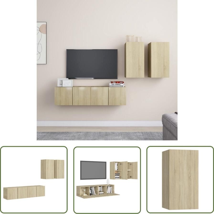 The Living Store Tv-meubelset Sonoma Eiken Wandbevestiging Inclusief 4 meubels Afmetingen- 30.5 x 30 x 60 cm 60 x 30 x 30 cm Tv-meubelset Wandmontage Salontafel Houten Tv-stand Eiken Kleur - Foto 2
