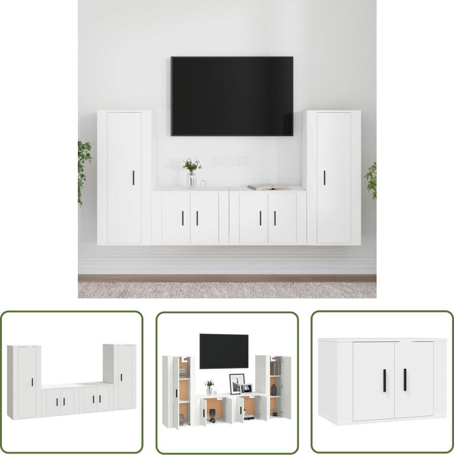 The Living Store TV-meubelset klassiek design bewerkt hout wit 4 delig TV-meubel Houten TV-meubel Classic TV-meubel Wit TV-meubel Salontafel - Foto 2