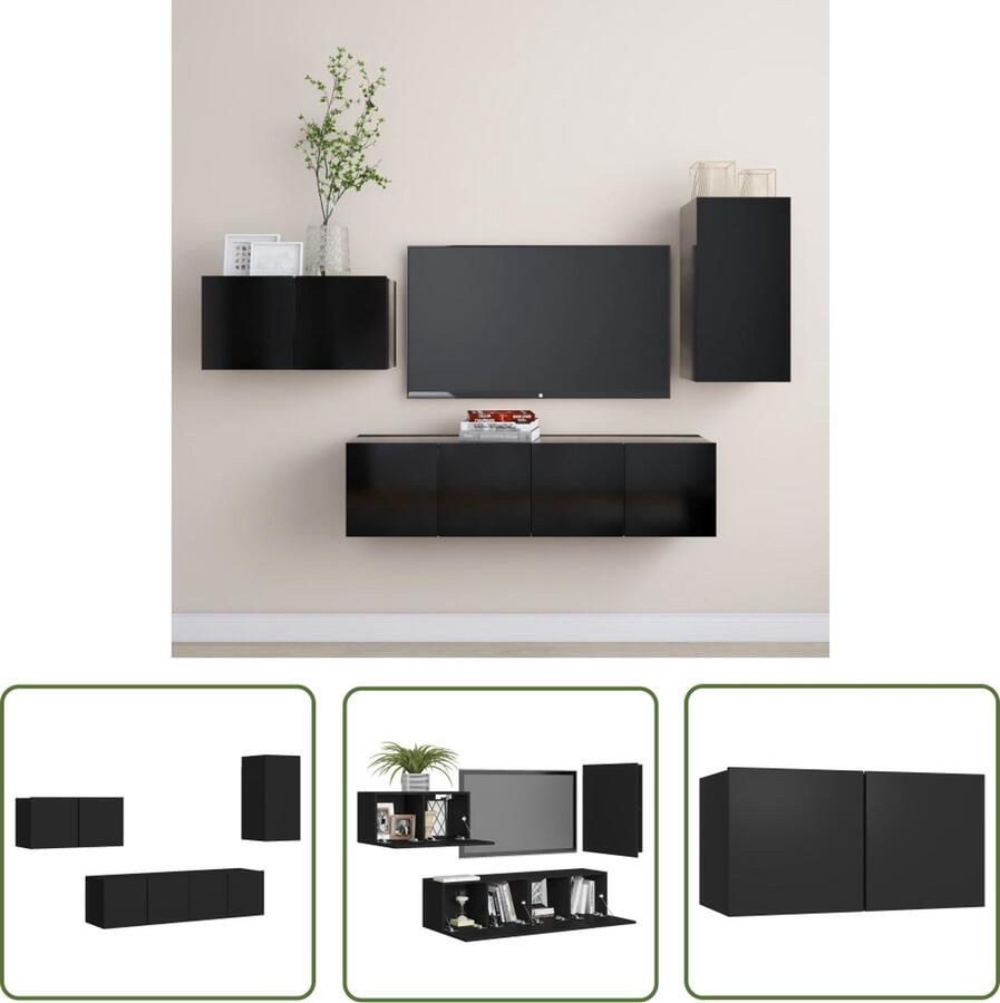 The Living Store 4-delige Tv-meubelset bewerkt hout zwart Televisiescherm Tv-meubel Wandmontage Zwarte Tv-stand Houten Tv-meubel - Foto 2