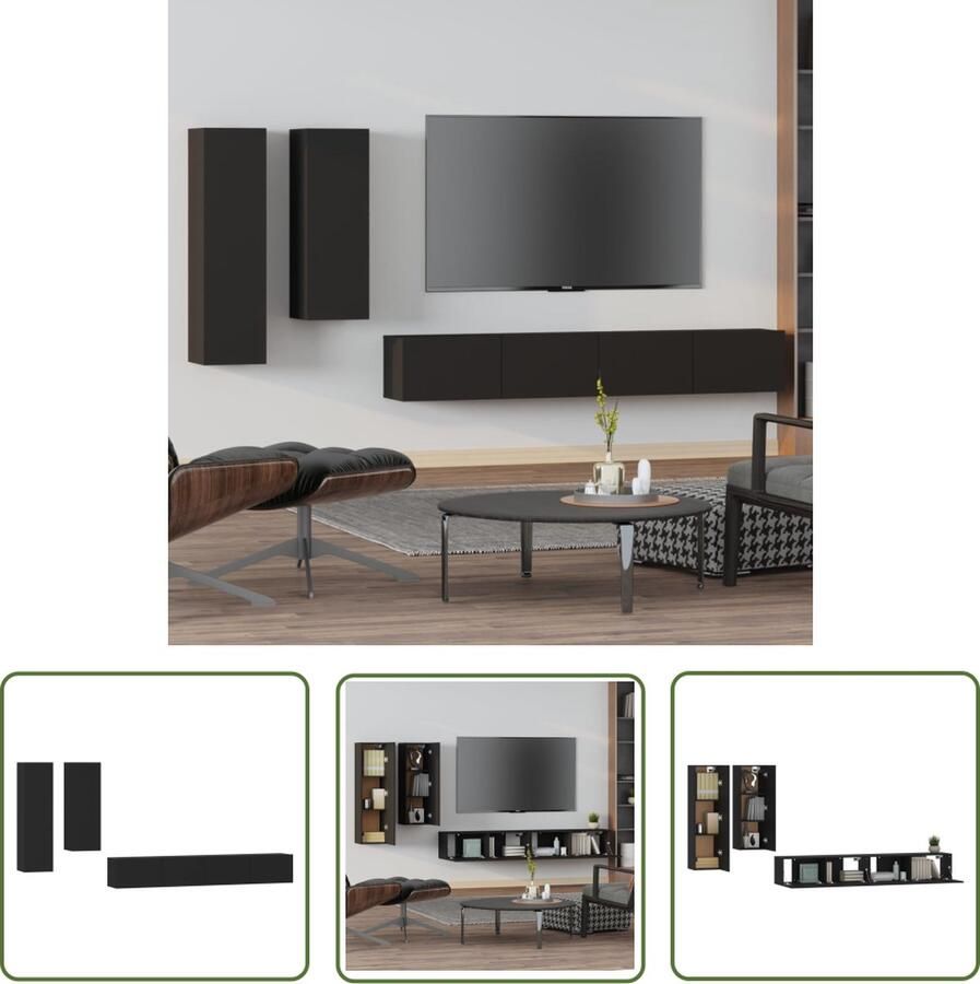 The Living Store Wandgemonteerde tv-meubelset Zwart 30.5 x 30 x 110 cm 30.5 x 30 x 90 cm 2x 100 x 30 x 30 (L x B x H) Tv-meubel Wandmontage Houten Tv-stand Zwarte Tv-kasten Opbergruimte - Foto 2
