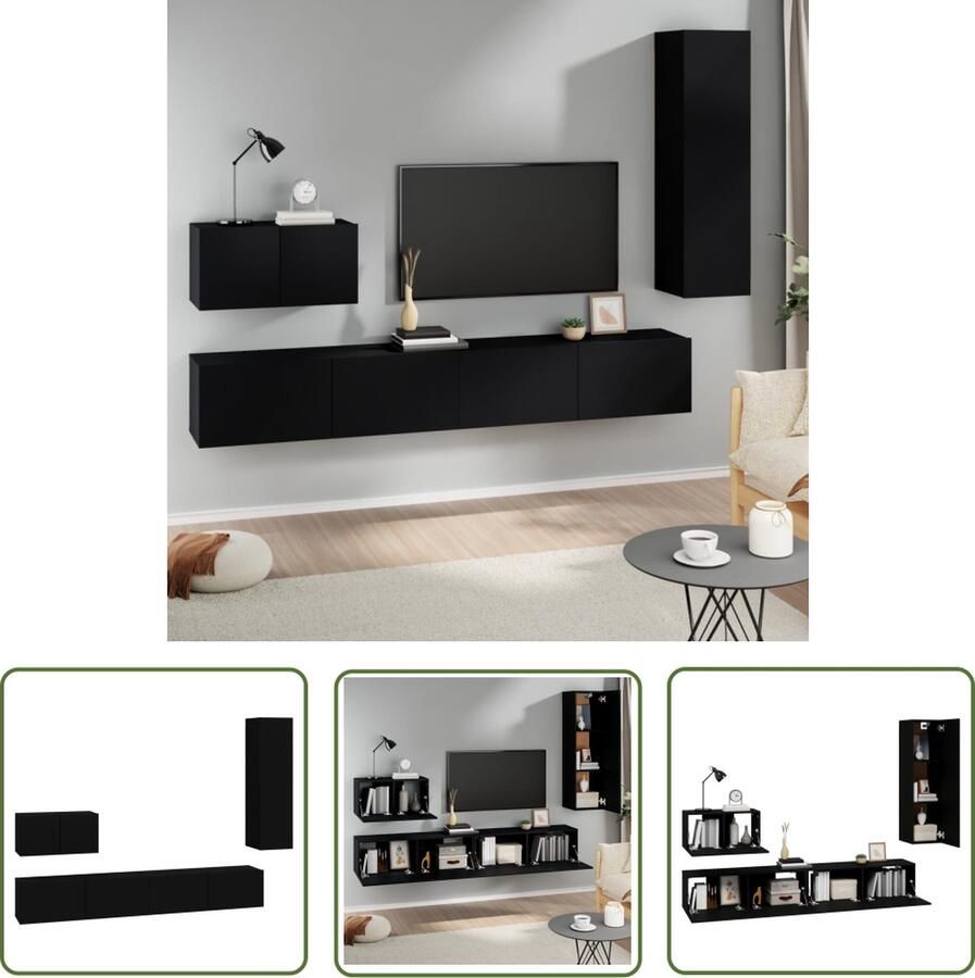 The Living Store tv-meubel set zwart 2x 100x30x30 cm + 1x 60x30x30 cm + 1x 30.5x30x110 cm Tv Meubels Houten Tv Stand Zwarte Tv Kast Wandmontage Tv Unit Tv Salontafel - Foto 2