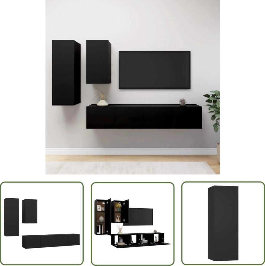 The Living Store Hangende TV-Kasten TV-Meubelset Verschillende Vakken Stevig en Duurzaam Spaanplaat Zwart Montage Vereist Tv-meubelset Houten Tv-kast Wandmontage Zwart - Foto 2