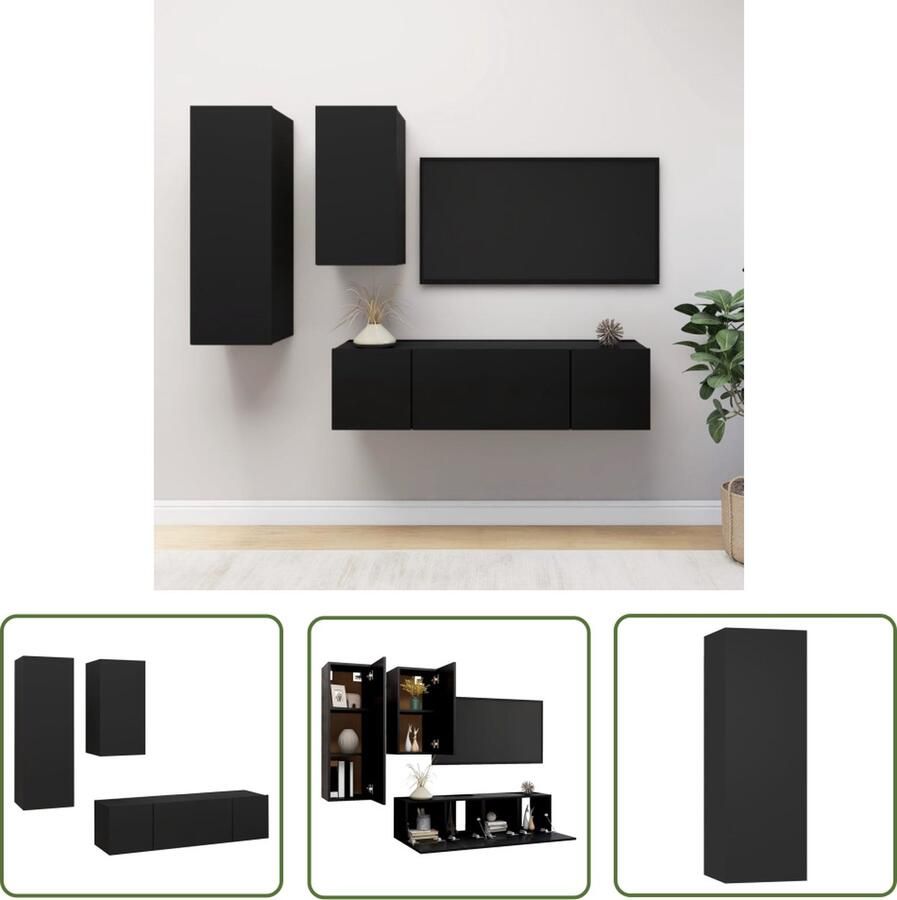 The Living Store TV-Meubelset Hangende Spaanplaat Zwart Montage vereist 4-delig Tv-meubelset Houten Tv-meubel Tv-kast Wandmontage Zwart Tv-meubel - Foto 2