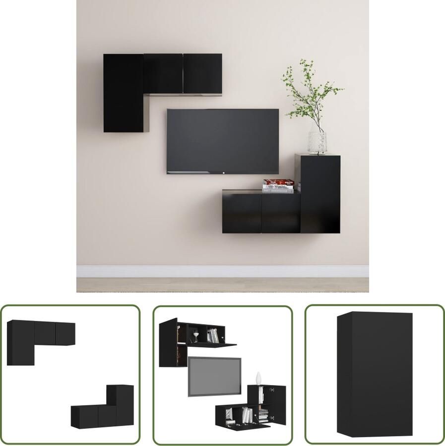 The Living Store televisiemeubelset zwart spaanplaat 4-delige set 30.5 x 30 x 60 cm 60 x 30 x 30 cm Tv-meubelset Televisiescherm Wandmontage Saloninrichting Houten Tv-meubel - Foto 2