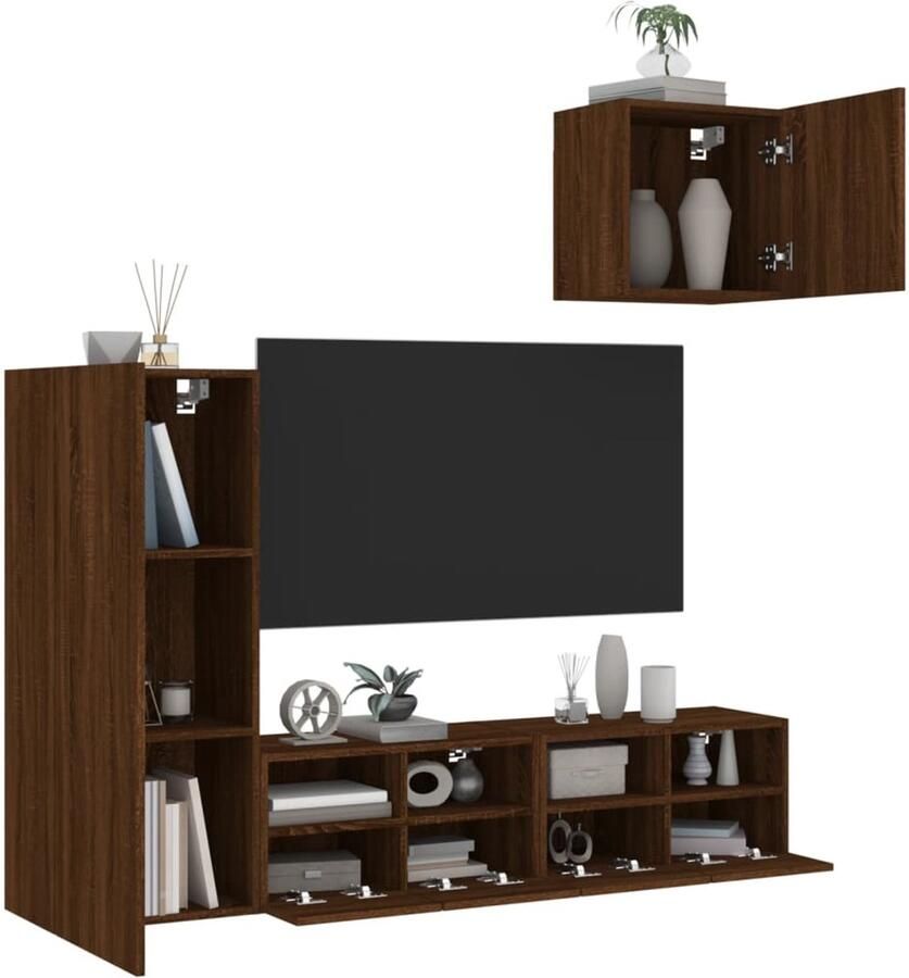 The Living Store 4-delige Tv-wandmeubelset bewerkt hout bruin eikenkleur TV Meubel Wandmontage Houten Tv Kast Bruine Eiken Kleur Opbergkast