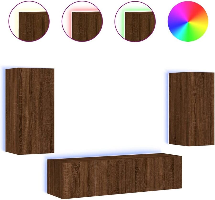 The Living Store 4-delige Tv-wandmeubelset met LED bewerkt hout bruineikenkleur Tv Meubel Wandmeubel Led Verlichting Bruin Houten Meubilair - Foto 2