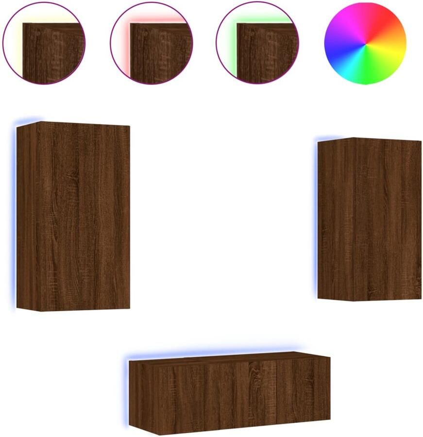 The Living Store 4-delige Tv-wandmeubelset met LED bewerkt hout bruineikenkleur Tv-wandmeubel Tv-wandmeubels Tv-meubel Televisiemeubel - Foto 2