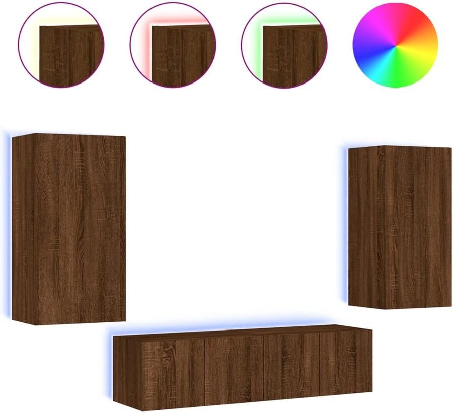 The Living Store 4-delige Tv-wandmeubelset met LED bewerkt hout bruineikenkleur Tv-meubel Wandmontage Led Verlichting Bruin Houten Tv Kast - Foto 2