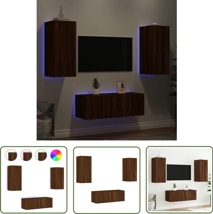The Living Store 4-delige Tv-wandmeubelset met LED bewerkt hout bruineikenkleur Tv-wandmeubel Tv-wandmeubels Tv-meubel Televisiemeubel