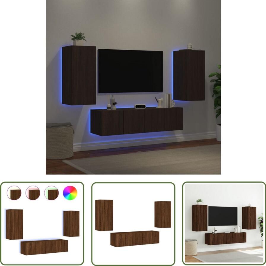 The Living Store 4-delige Tv-wandmeubelset met LED bewerkt hout bruineikenkleur Tv Meubel Wandmeubel Led Verlichting Bruin Houten Meubilair