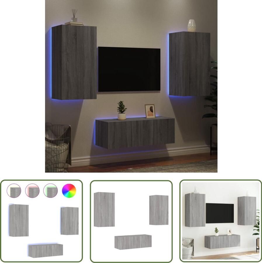 The Living Store 4-delige Tv-wandmeubelset met LED bewerkt hout grijs sonoma Tv-kast Tv-meubel Wandmontage Led Verlichting Grijze Kast