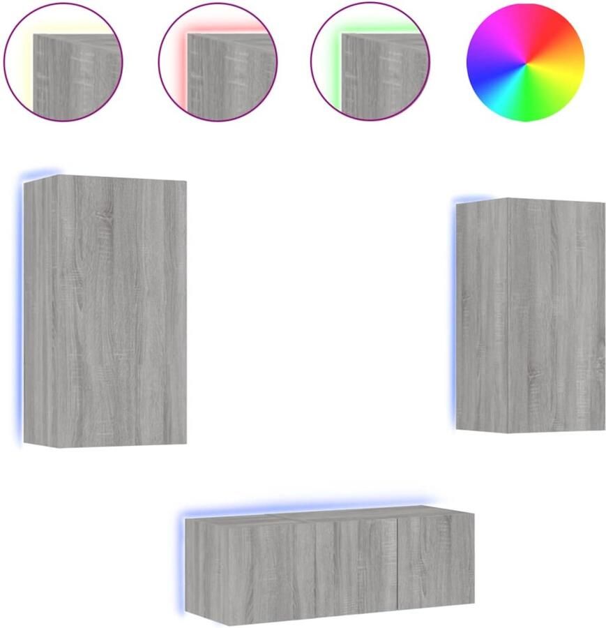 The Living Store 4-delige Tv-wandmeubelset met LED bewerkt hout grijs sonoma Tv-kast Tv-meubel Wandmontage Led Verlichting Grijze Kast - Foto 2
