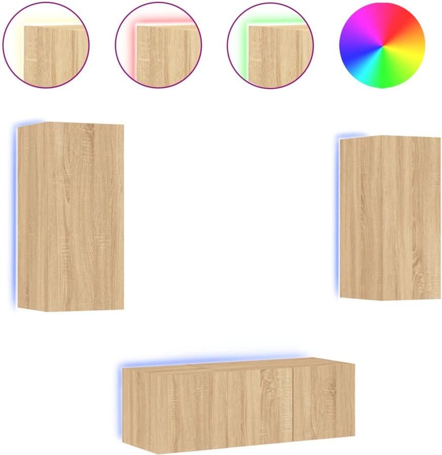 The Living Store 4-delige Tv-wandmeubelset met LED bewerkt hout sonoma eiken Tv-kast Wandmontage Houten Tv-meubel Sonoma Eiken Led Verlichting - Foto 2