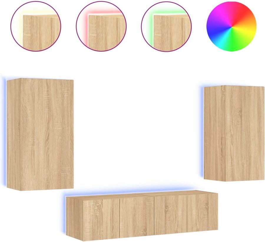 The Living Store 4-delige Tv-wandmeubelset met LED bewerkt hout sonoma eiken Tv-kast Tv-meubel Zwevend Tv-meubel Led Verlichting Salontafel - Foto 2