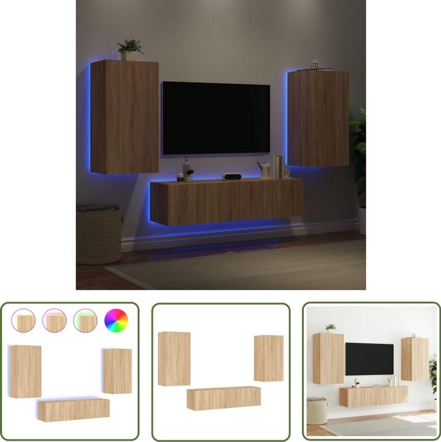 The Living Store 4-delige Tv-wandmeubelset met LED bewerkt hout sonoma eiken Tv-kast Tv-meubel Zwevend Tv-meubel Led Verlichting Salontafel