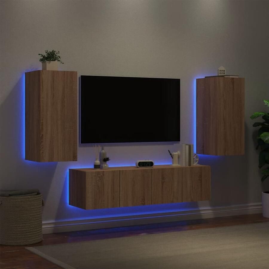 The Living Store 4-delige Tv-wandmeubelset met LED bewerkt hout sonoma eiken Tv-kast Tv Meubel Wandmontage Led Verlichting Bewerkt Hout