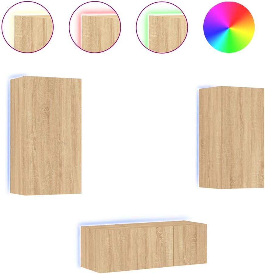 The Living Store Zwevend Tv-Meubel Wandmontage RGB LED-verlichting Bewerkt Hout Sonoma Eiken Set Van 4 30.5 x 35 x 30 cm 40.5 x 35 x 80 cm 60 x 35 x 31 cm - Foto 2