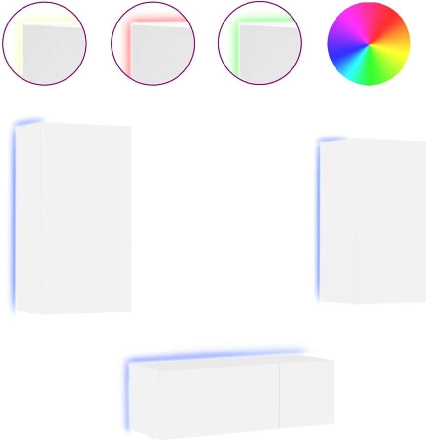 The Living Store 4-delige Tv-wandmeubelset met LED-verlichting bewerkt hout wit Tv-kast Tv-meubel Wandmontage Led Verlichting Houten Tv Kast - Foto 2