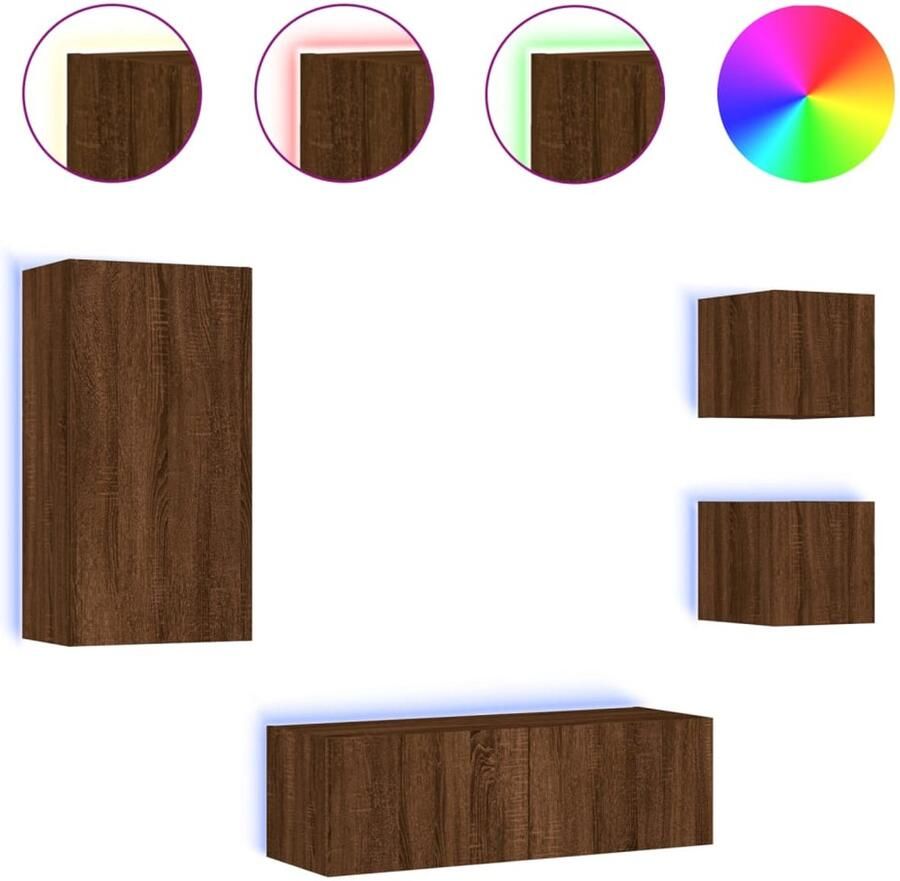 The Living Store 4-delige tv-wandmeubelset met LED-verlichting bruin eikenkleur Tv-wandmeubel Tv-wandmeubels Zwevend Tv-meubel Tv-wandmeubel - Foto 2