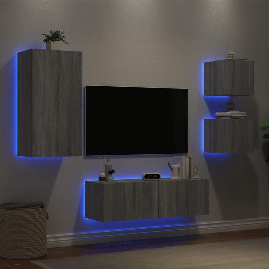 The Living Store 4-delige tv-wandmeubelset met LED-verlichting grijs sonoma Tv-wandmeubel Tv-wandmeubels Zwevend Tv-meubel Tv-wandmeubel