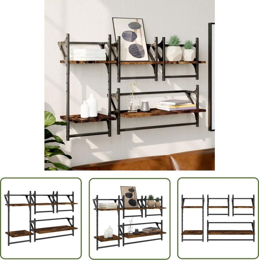 The Living Store 4-delige Wandschappenset met stangen bewerkt hout gerookt eiken Wanddecoratie Wandplanken Houten Wandopbergen Woonaccessoires Bergruimte