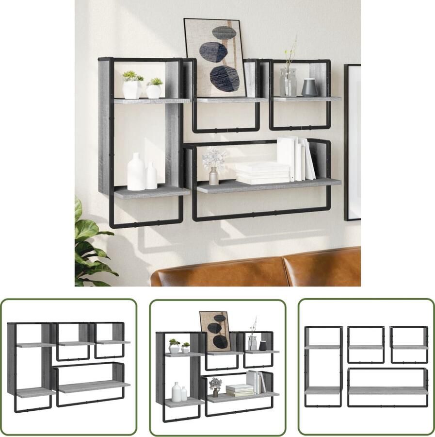The Living Store 4-delige Wandschappenset met stangen bewerkt hout grijs sonoma Zwevende Wandplanken Houten Wanddecoratie Grijze Wandkasten Opbergwand Salon Meubels